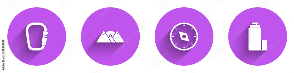 Set Carabiner, Mountains, Compass and Thermos container icon with long shadow. Vector.