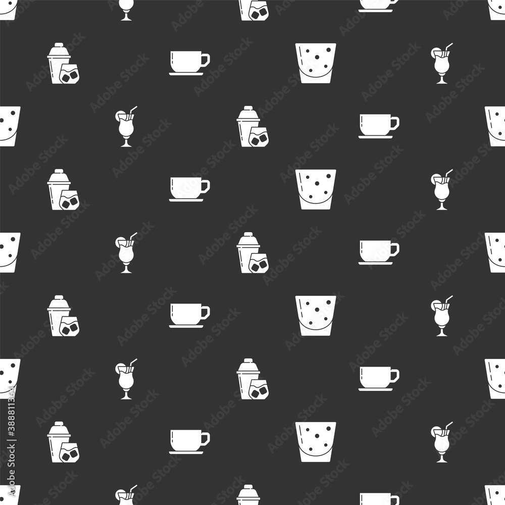 Set Glass of rum, Cocktail, shaker and Coffee cup on seamless pattern. Vector.