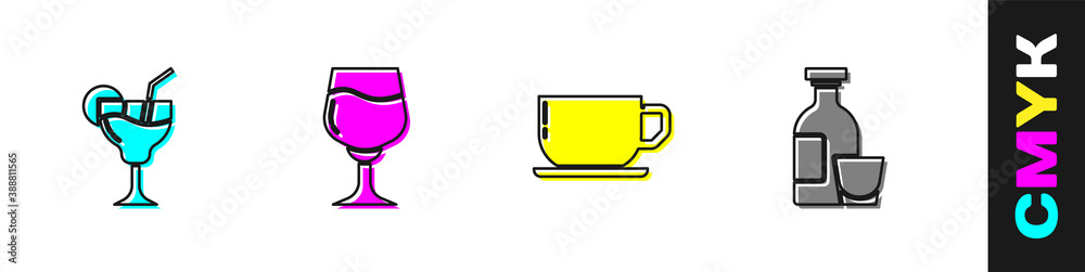 Set Cocktail, Wine glass, Coffee cup and Alcohol drink Rum icon. Vector.