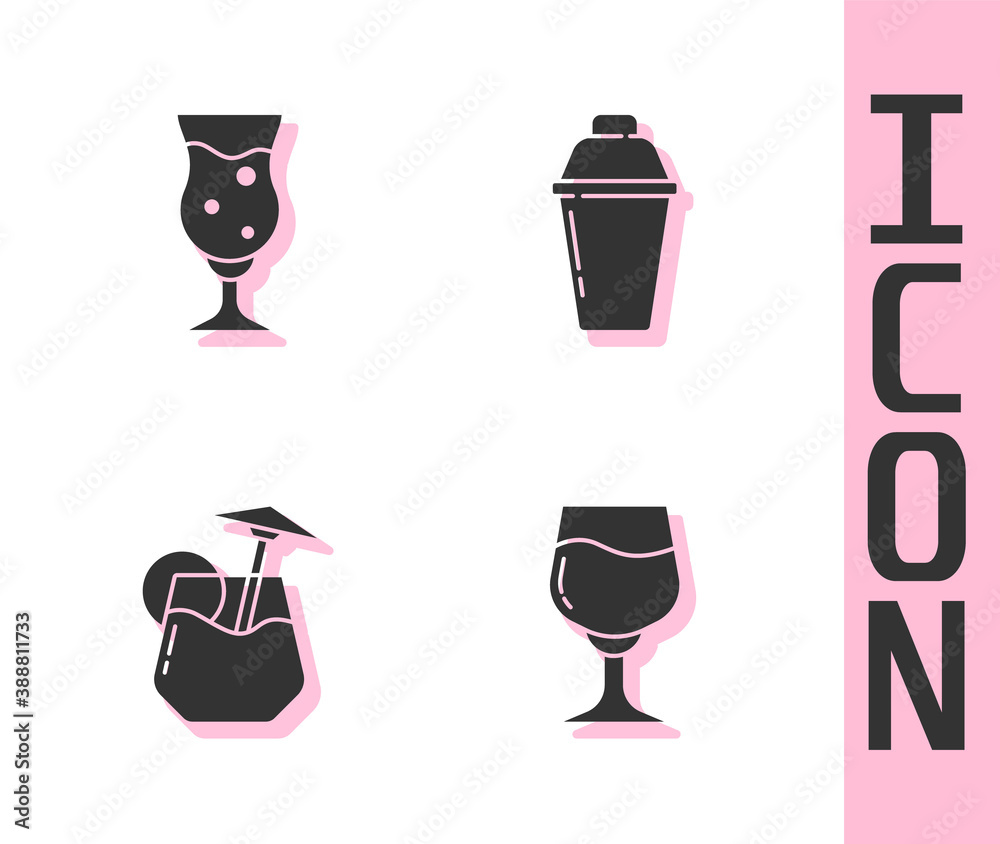 Set Wine glass, Glass of beer, Cocktail and shaker icon. Vector.