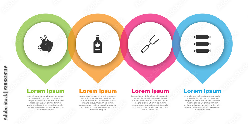 Set Cow head, Tabasco sauce, Barbecue fork and Sausage. Business infographic template. Vector.