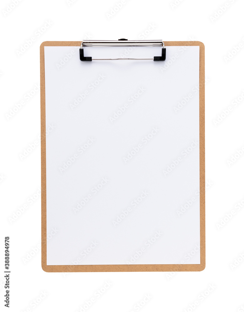 A clipboard with white paper on a white background