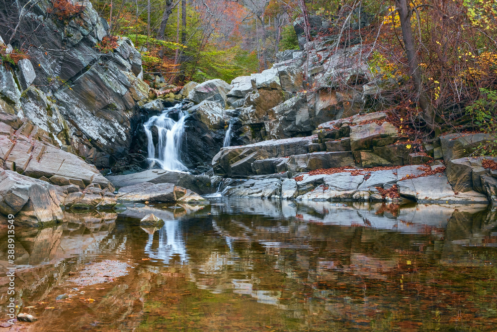 Scotts Run waterfall in autumn.Scotts Run Nature Preserve.Fairfax County.Virginia.USA