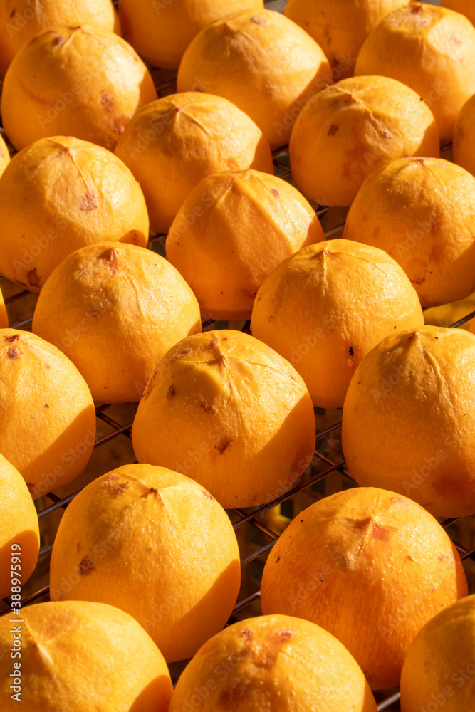 Making process of sun exposuring dried persimmon in a sieve in autumn.