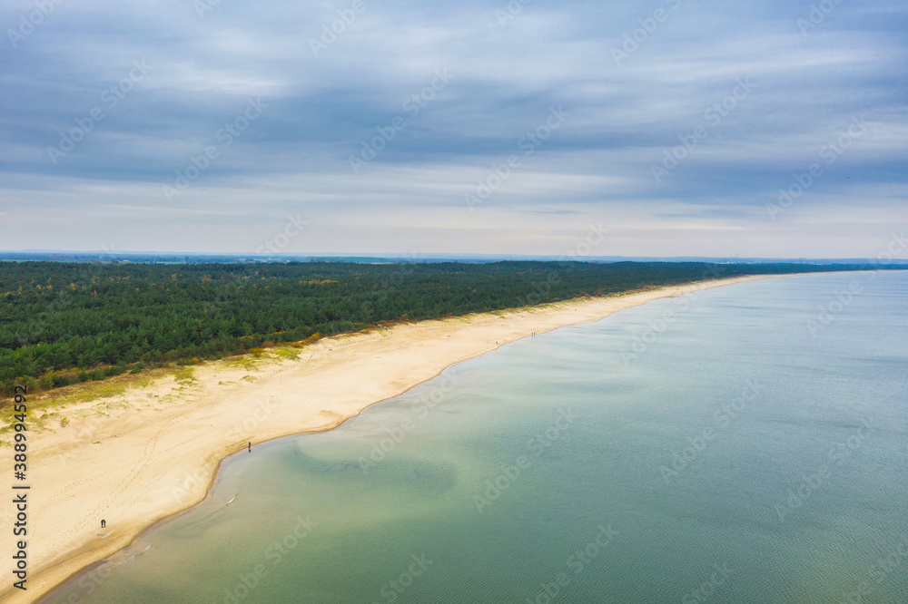 Aerial landscape of the Baltic Sea beach in Sobieszewo, Poland