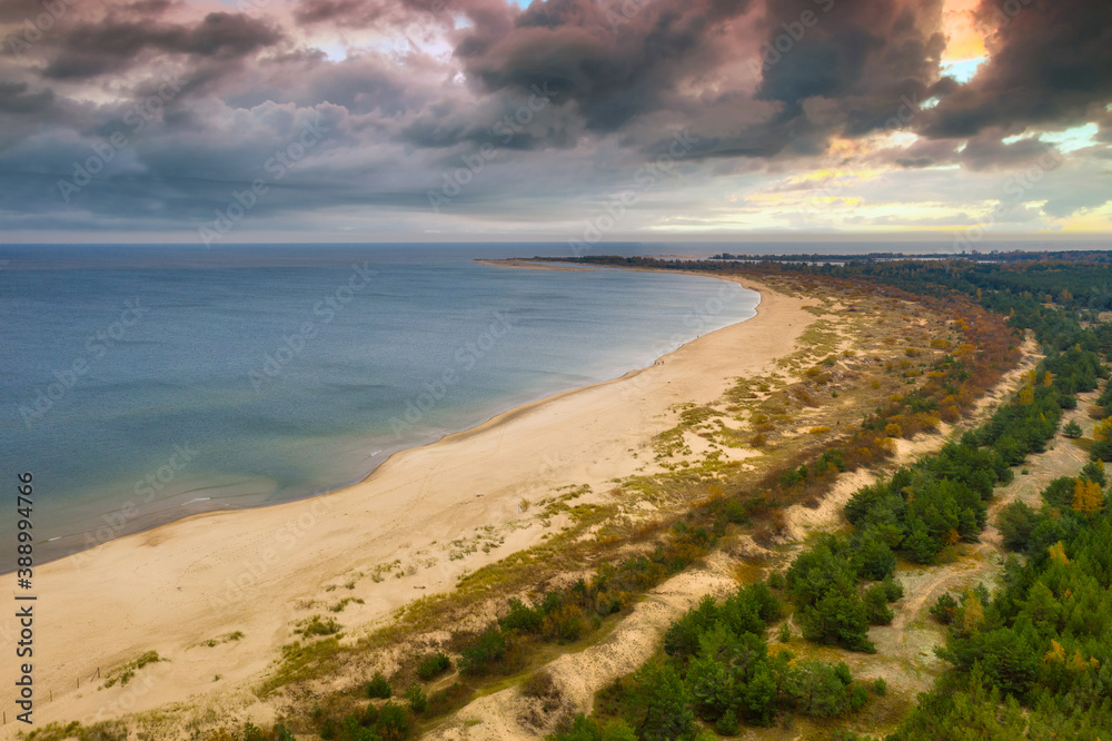 Aerial landscape of the Baltic Sea beach in Sobieszewo, Poland