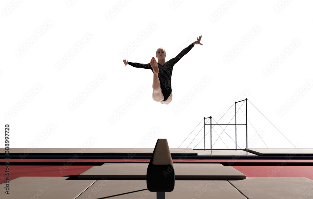 Female gymnast doing a complicated trick isolated on white.