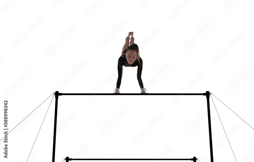 Female gymnast doing a complicated trick isolated on white.