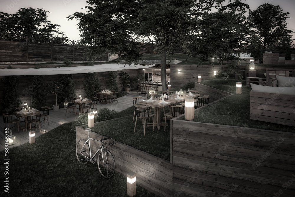 Garden Pub & Restaurant - black and white 3d visualization