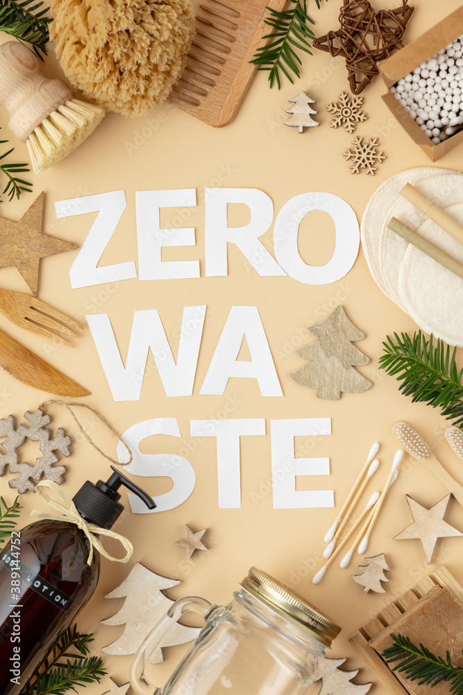 Zero waste, eco friendly Christmas concept, flat lay