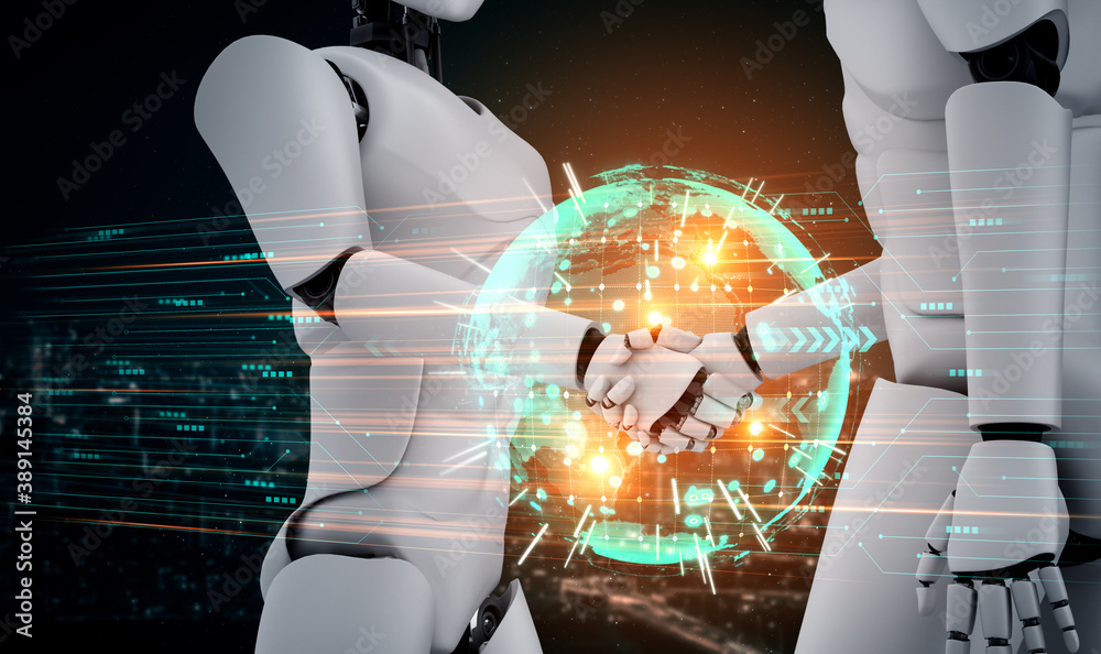 3D rendering humanoid robot handshake to collaborate future technology development by AI thinking br