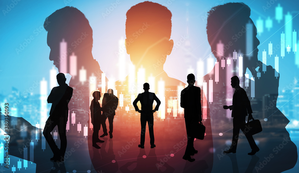 Abstract image of many business people together in group on background of city view with office buil