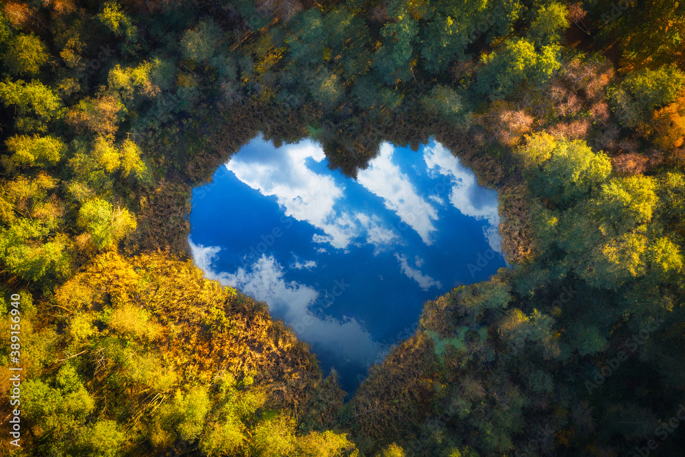 Aerial view of heart shaped pond in autumnal forest