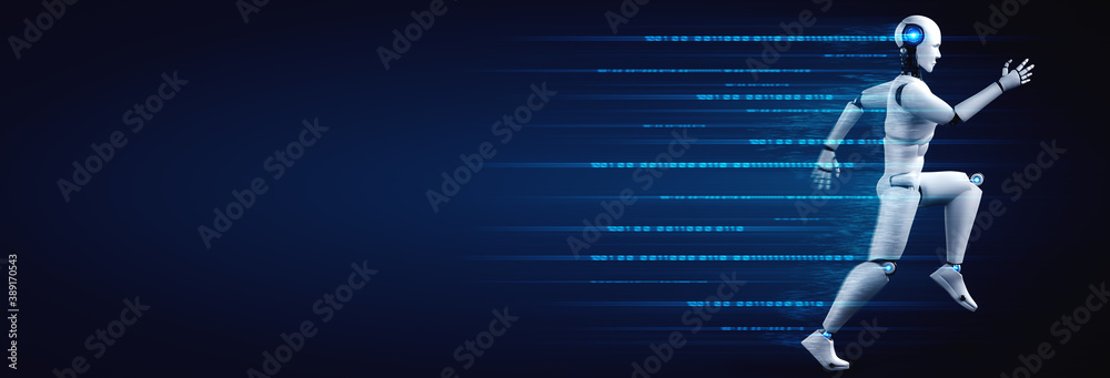 Running robot humanoid showing fast movement and vital energy in concept of future innovation develo