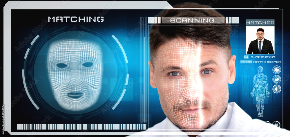 Facial recognition technology scan and detect people face for identification . Future concept interf