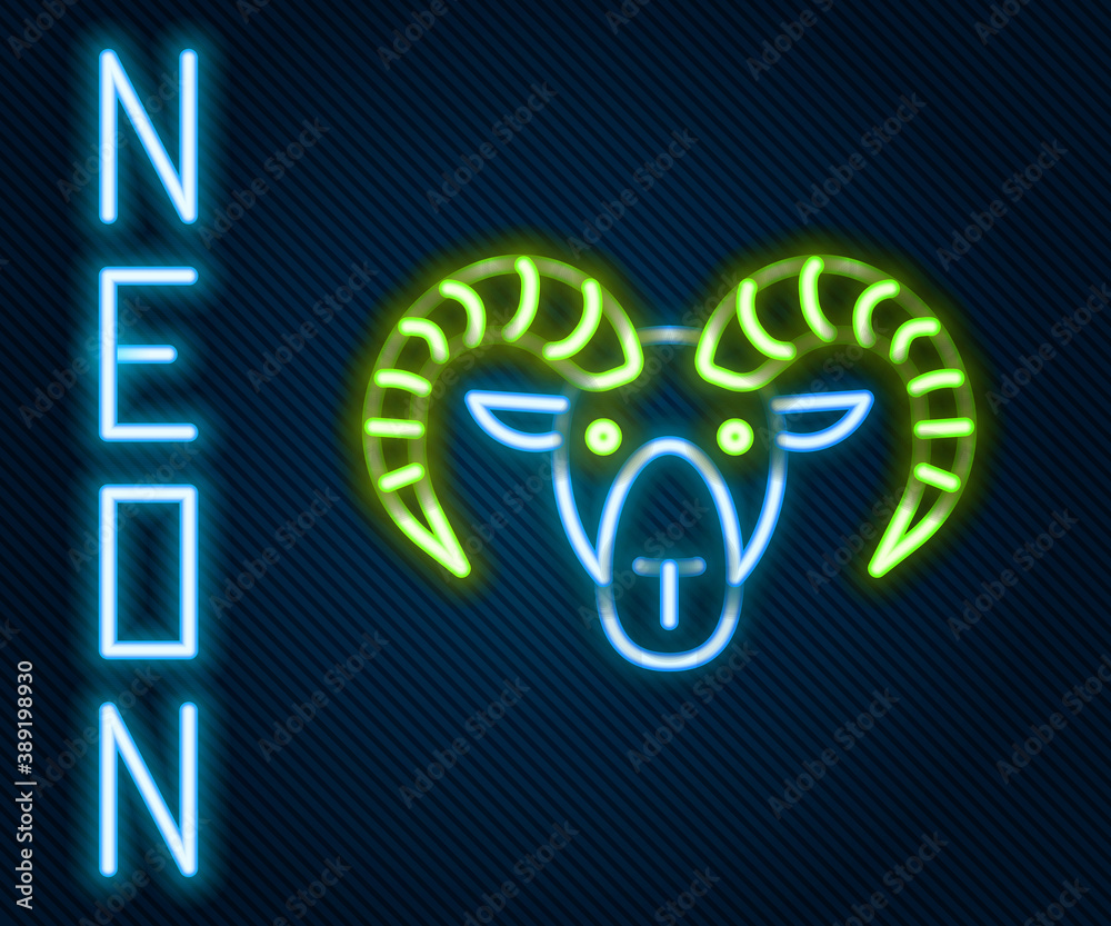 Glowing neon line Head of goat or ram icon isolated on black background. Mountain sheep. Animal symb