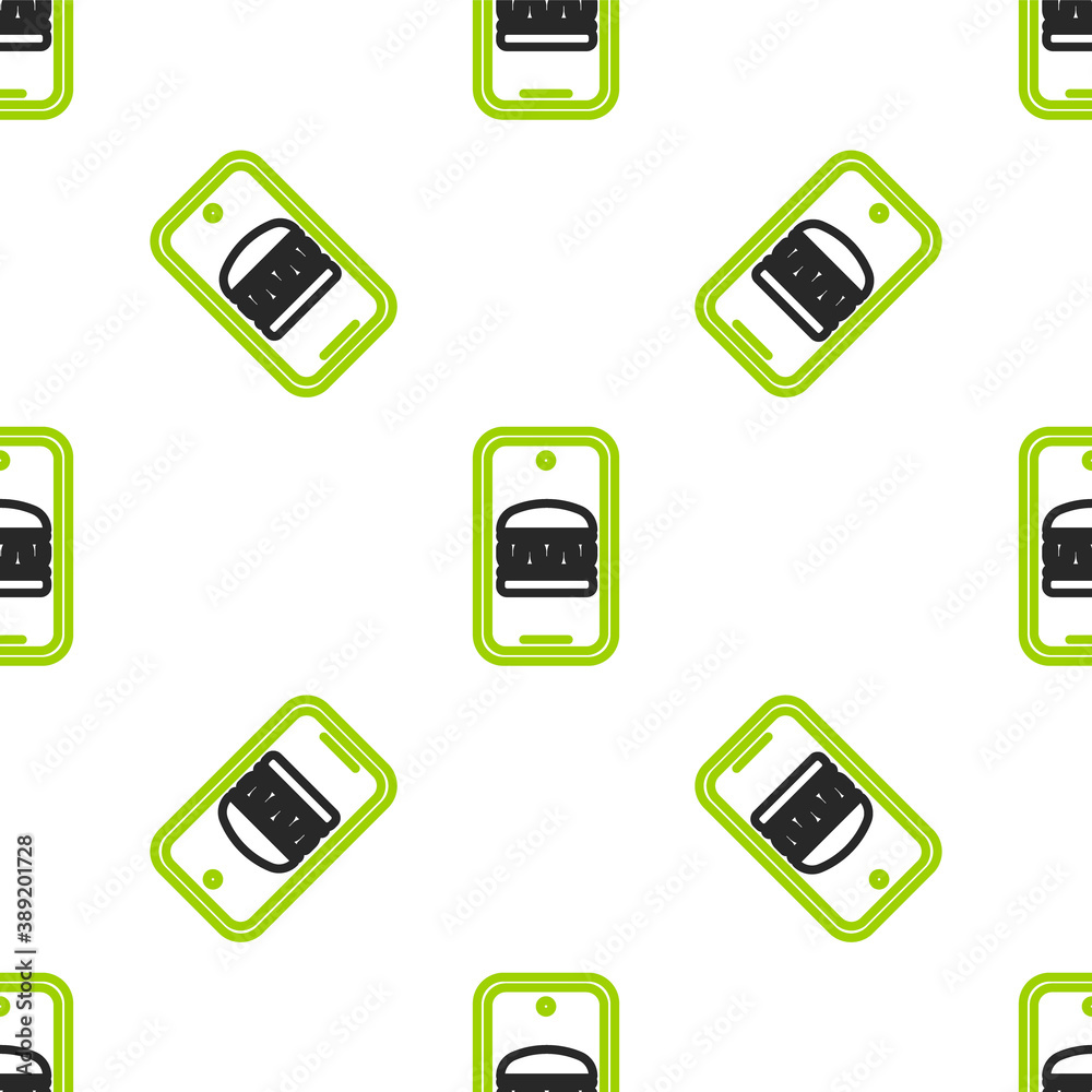 Line Online ordering and fast food delivery icon isolated seamless pattern on white background. Burg