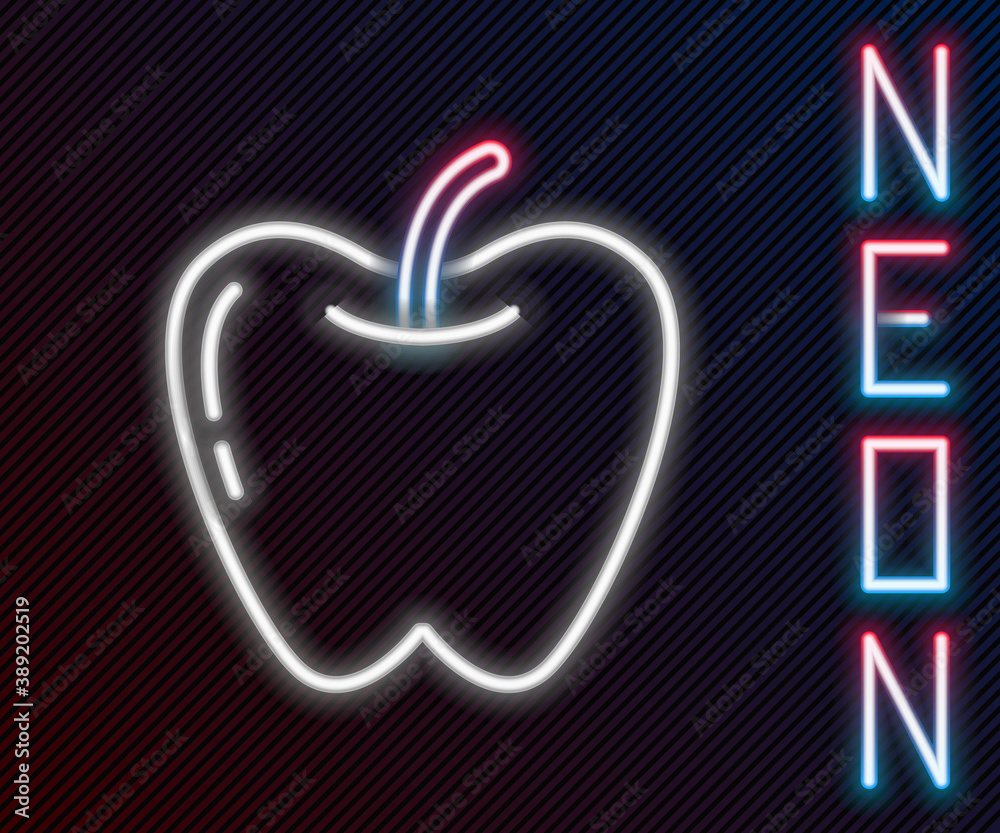 Glowing neon line Apple icon isolated on black background. Fruit with leaf symbol. Colorful outline 