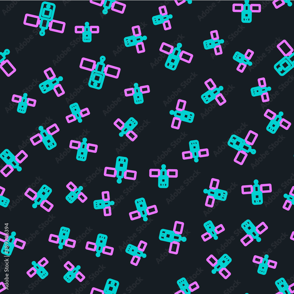 Line Satellite icon isolated seamless pattern on black background. Vector.