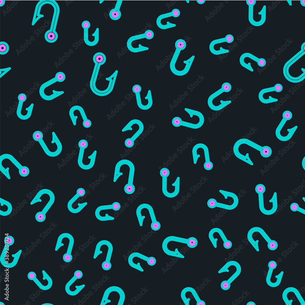 Line Fishing hook icon isolated seamless pattern on black background. Fishing tackle. Vector.