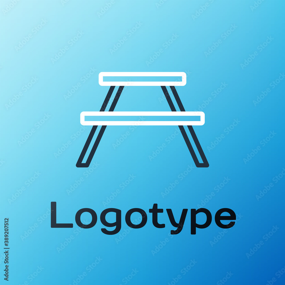 Line Picnic table with benches on either side of the table icon isolated on blue background. Colorfu