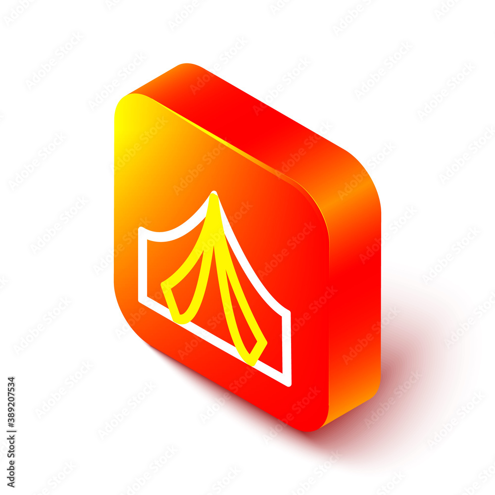 Isometric line Tourist tent icon isolated on white background. Camping symbol. Orange square button.