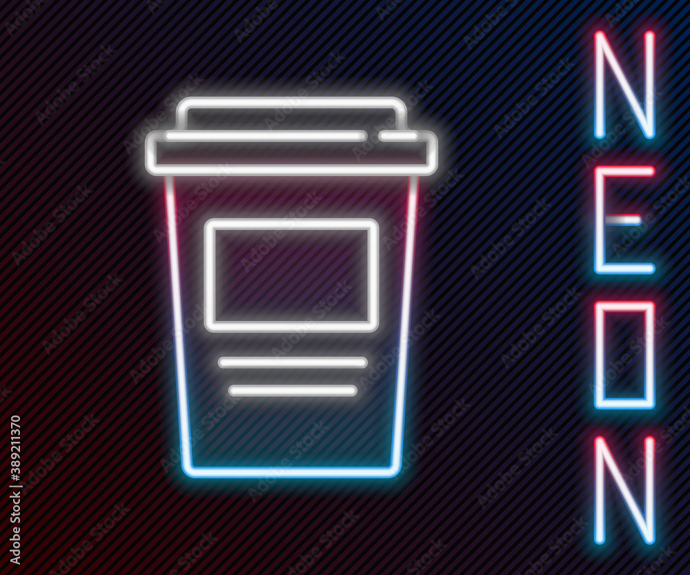 Glowing neon line Coffee cup to go icon isolated on black background. Colorful outline concept. Vect