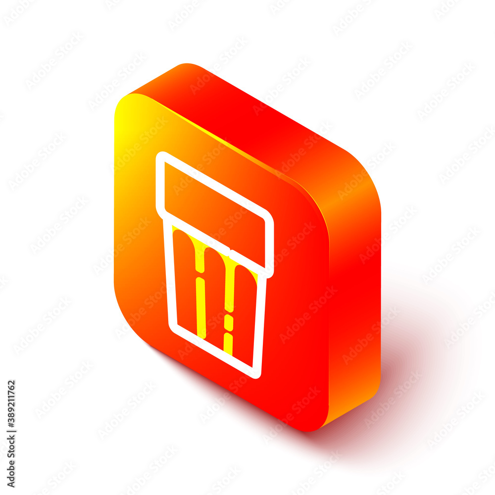 Isometric line Glass with water icon isolated on white background. Soda glass. Orange square button.