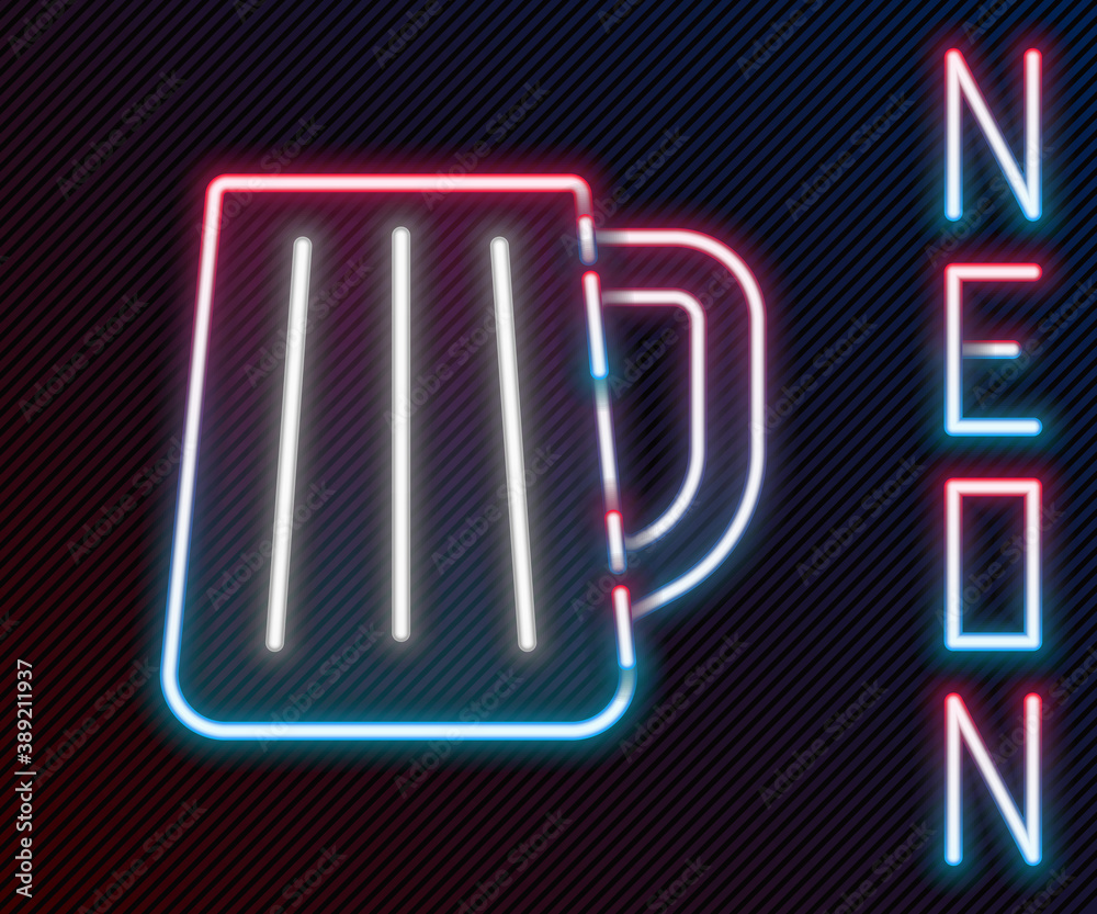 Glowing neon line Wooden beer mug icon isolated on black background. Colorful outline concept. Vecto