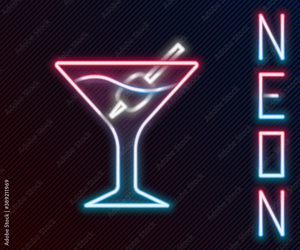 Glowing neon line Martini glass icon isolated on black background. Cocktail icon. Wine glass icon. C