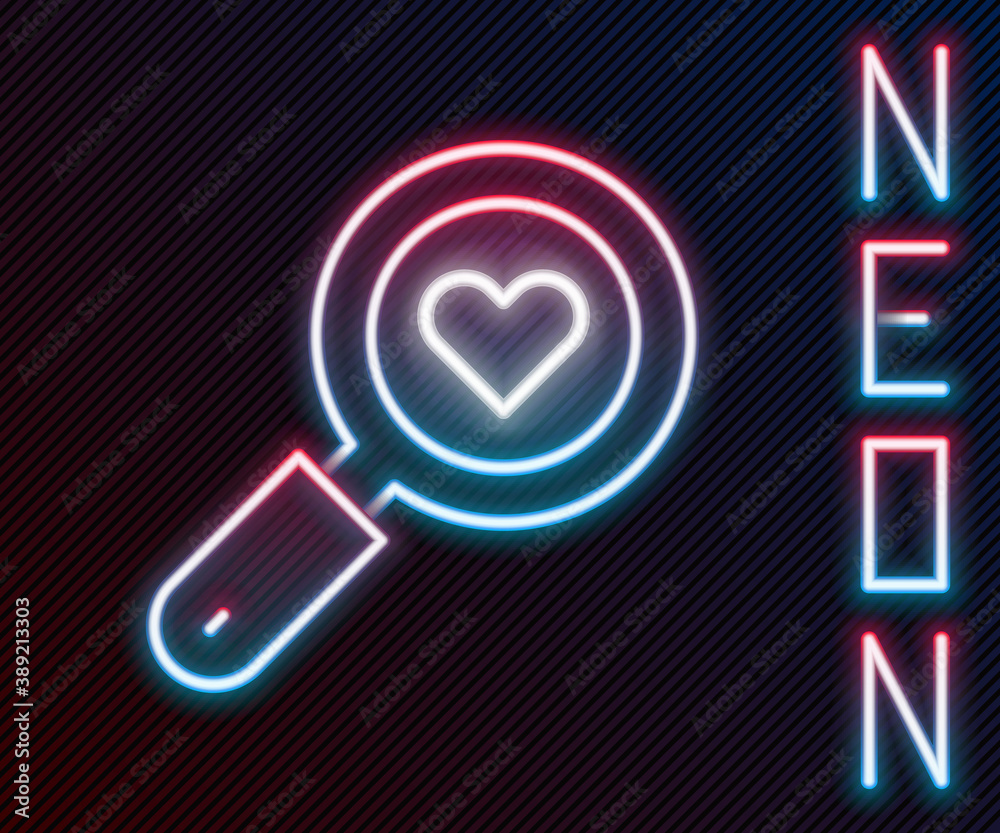 Glowing neon line Search heart and love icon isolated on black background. Magnifying glass with hea