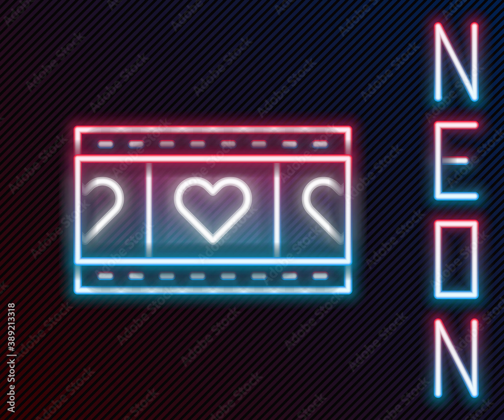 Glowing neon line Play Video with heart icon isolated on black background. Film strip sign. Colorful