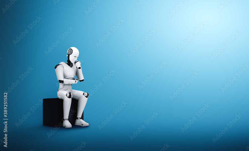 Thinking AI humanoid robot analyzing information data in concept of artificial intelligence by machi