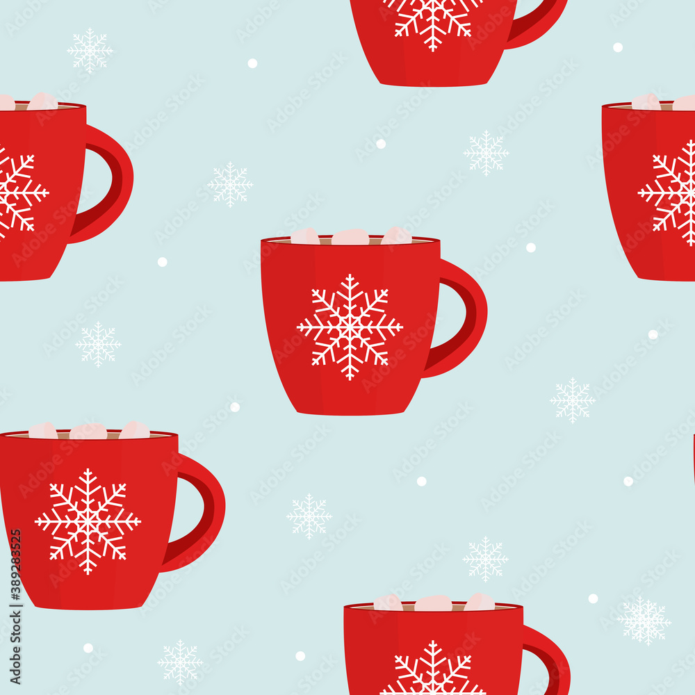 Hot chocolate seamless pattern winter snowflake Background. Vector Illustration