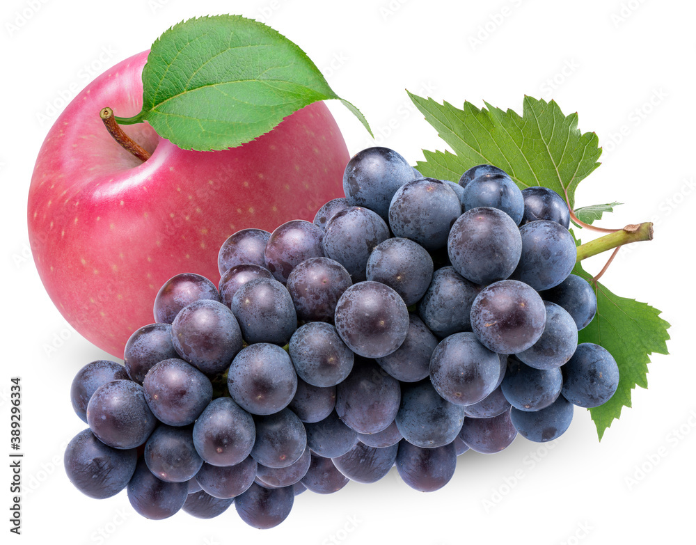 Fresh Pink Apple and Black grape  isolated on white background, Fuji Apple and Kyoho Grape with leav