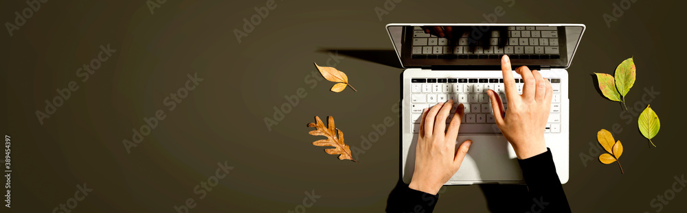 Autumn leaves with person using a laptop computer from above