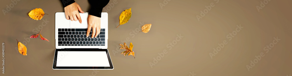 Autumn leaves with person using a laptop computer from above