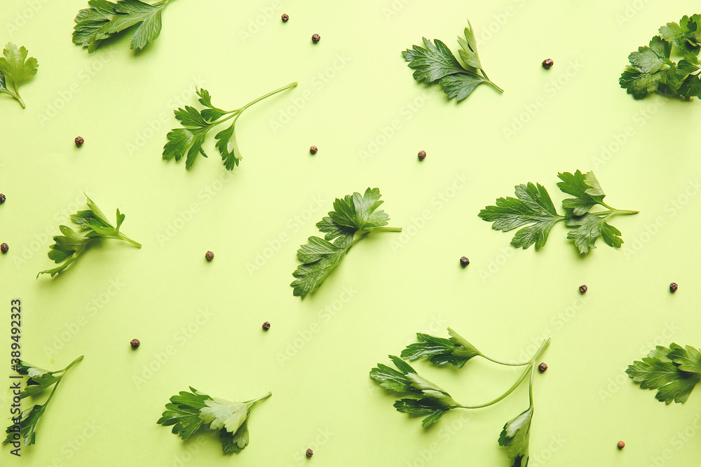 Fresh parsley and spices on color background