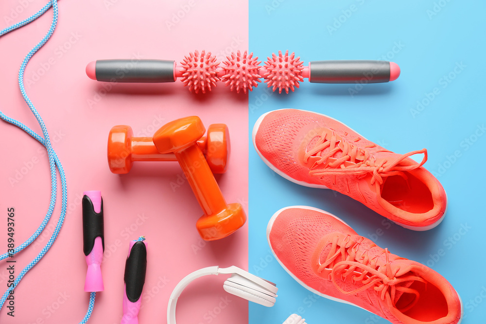 Sports equipment with body roller on color background