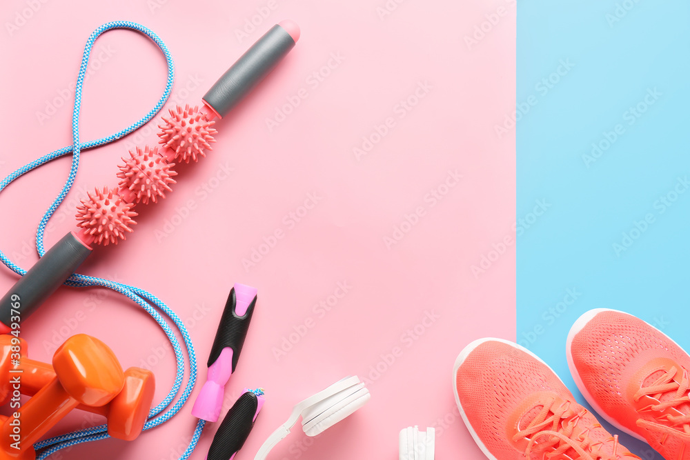 Sports equipment with body roller on color background