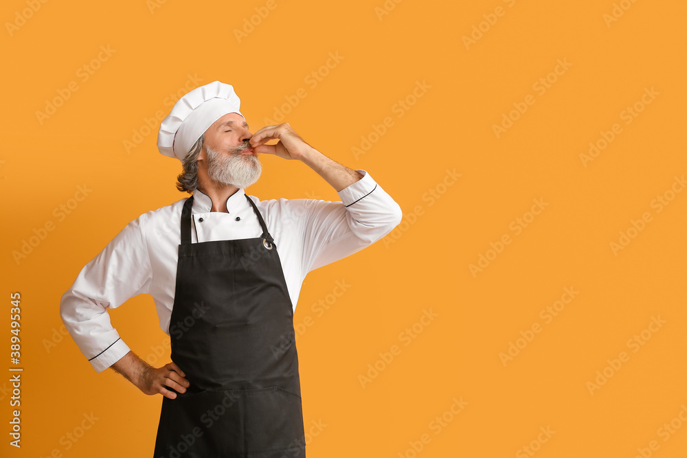 Mature male chef on color background