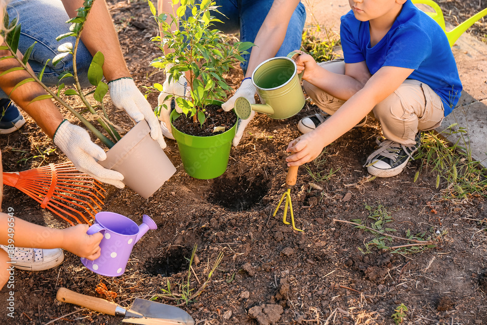 Young family working in garden