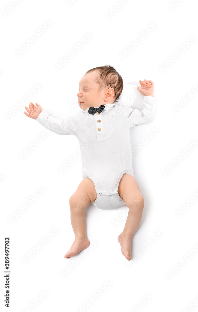 Cute little baby lying on white background