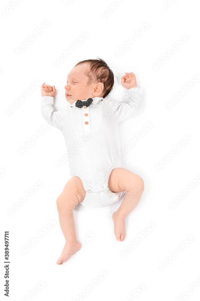 Cute little baby lying on white background