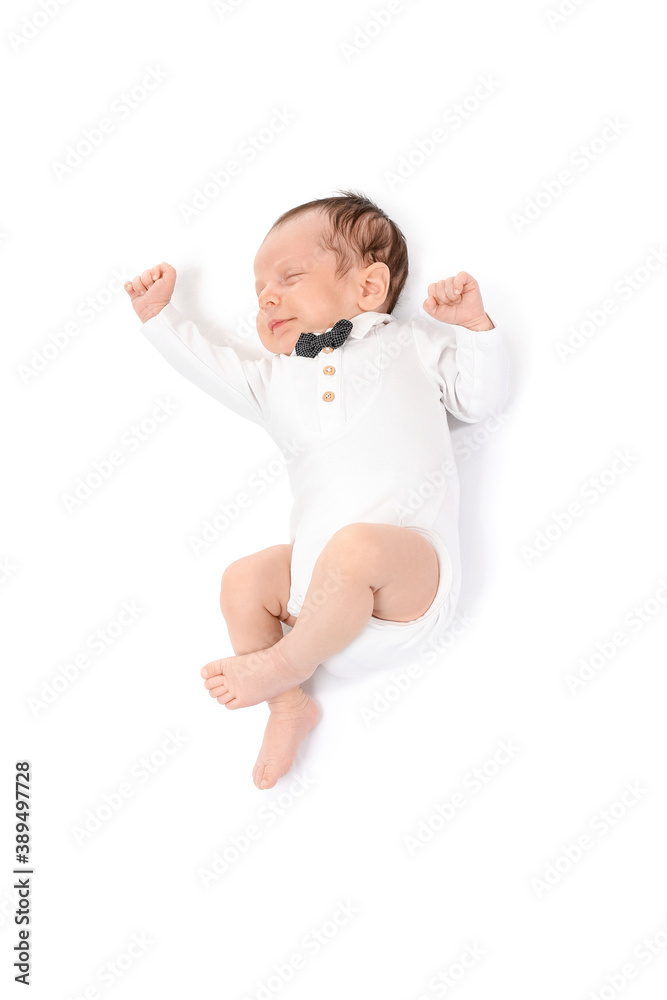 Cute little baby lying on white background