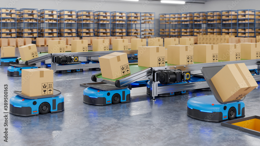 Robots efficiently sorting hundreds of parcels per hour(Automated guided vehicle) AGV.