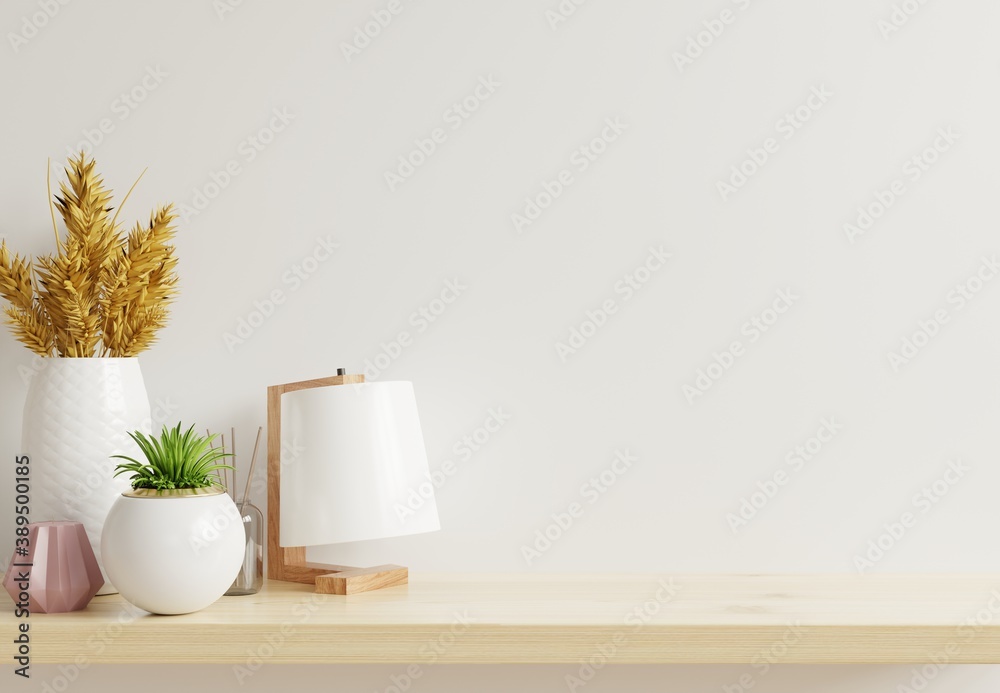 Mockup wall with ornamental plants and decoration item on shelf wooden.