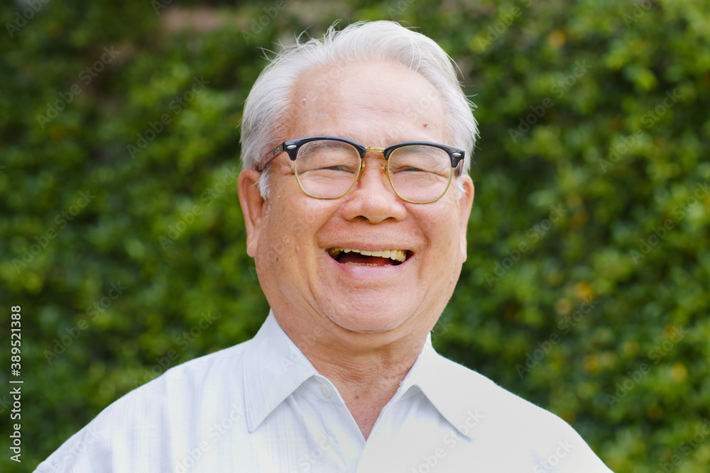 Portrait happy Asian senior man look at camera then smile and laugh