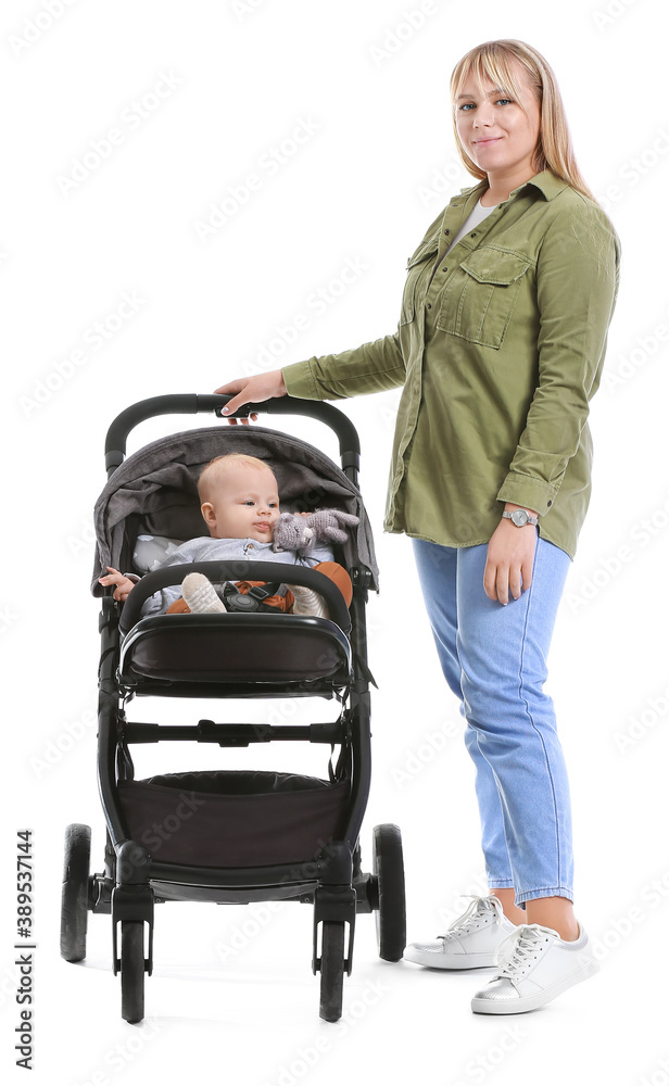 Woman and her cute baby in stroller on white background