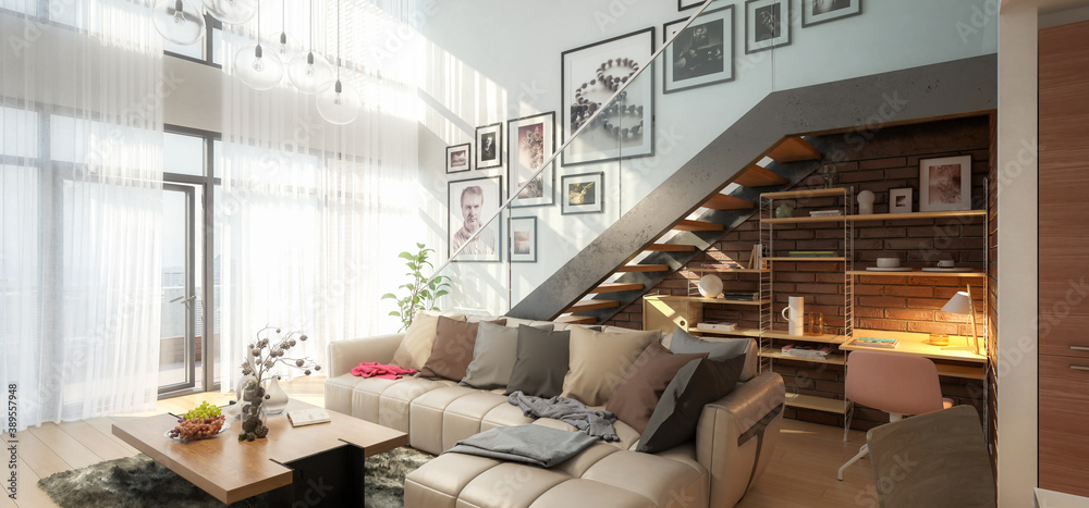 Contemporary Penthouse Mansarde with Stairs - panoramic 3d visualization